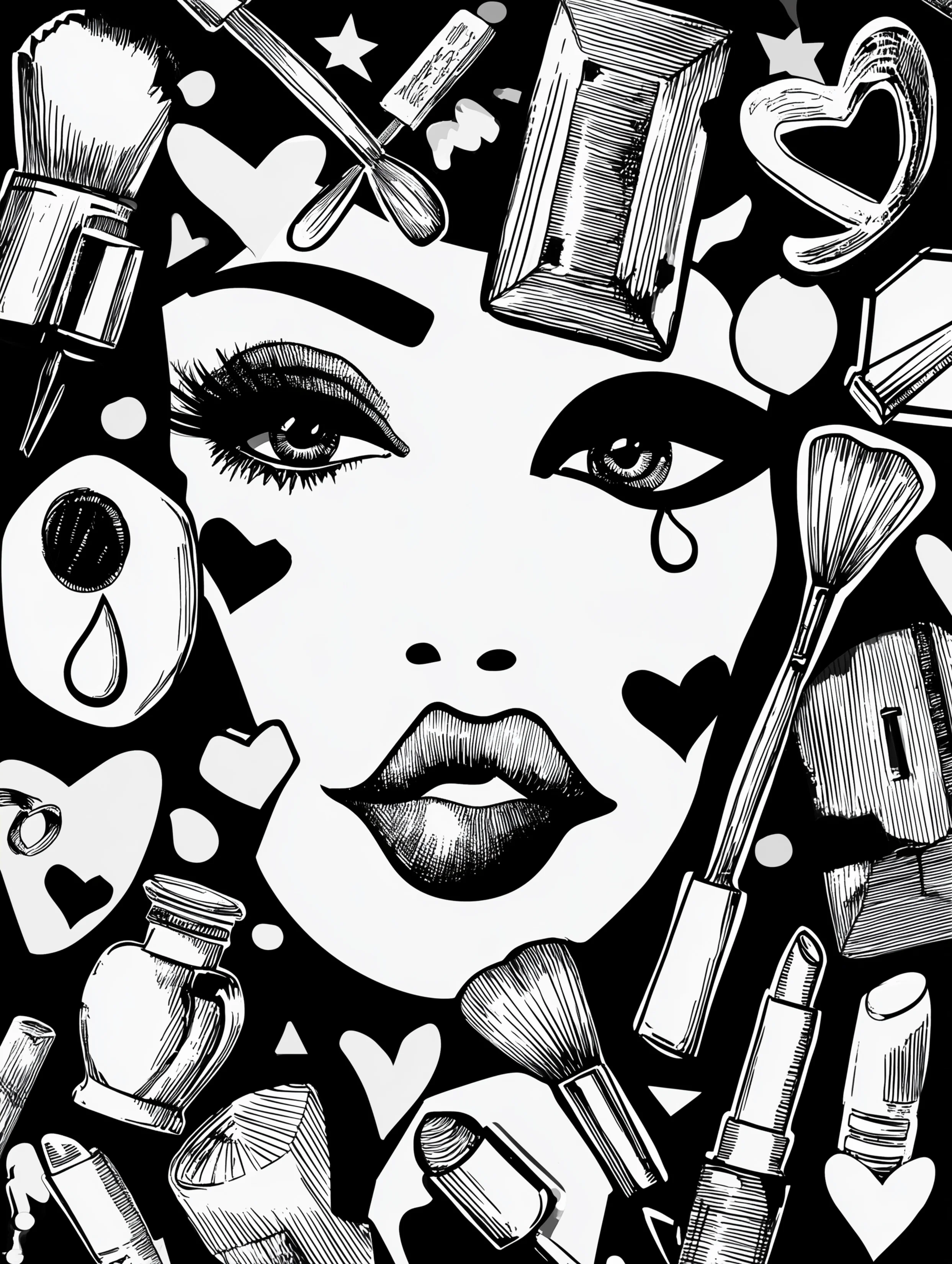 Free printable makeup coloring page for adults featuring a woman with painted face makeup